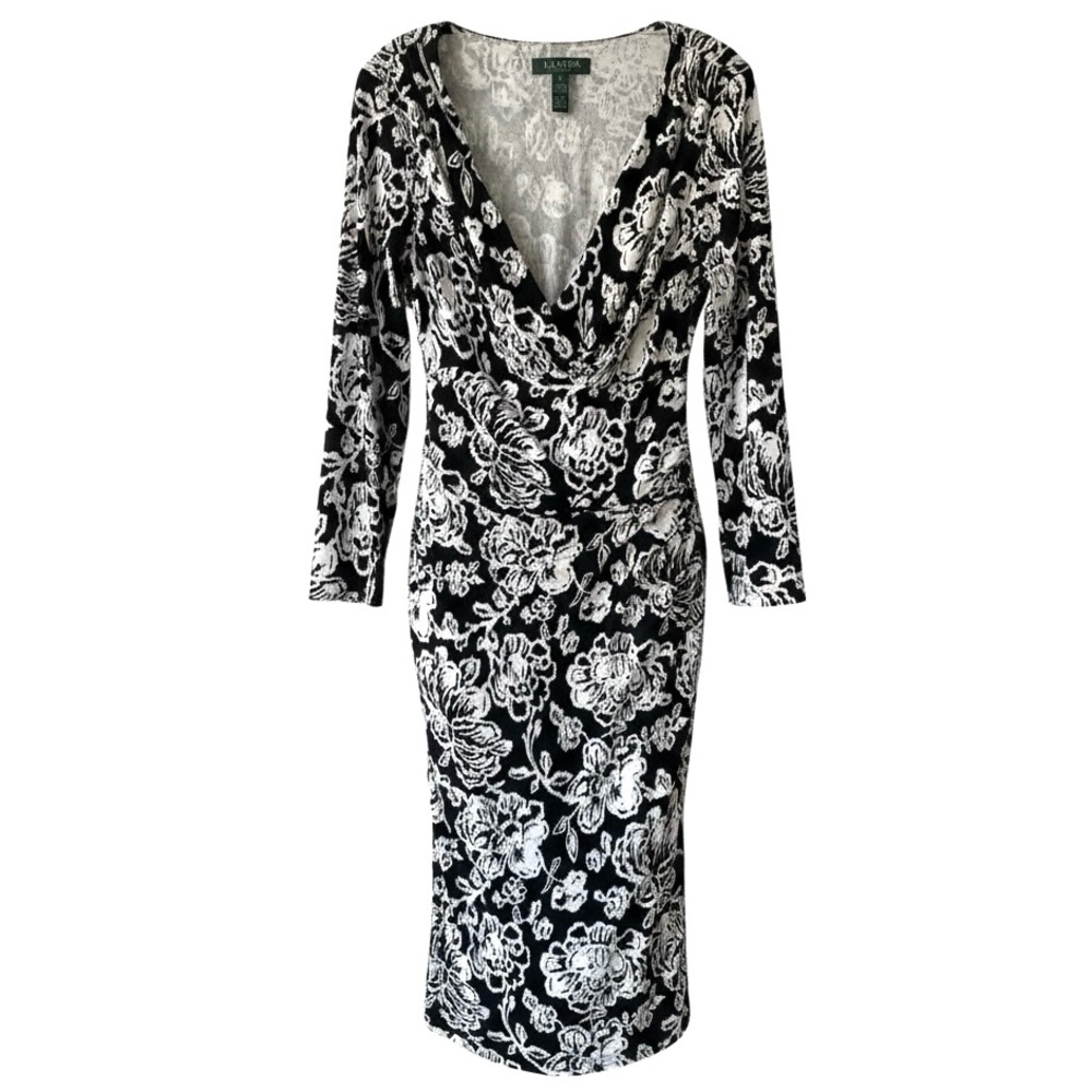 LAUREN RALPH LAUREN‎ Black white midi dress long sleeve